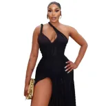 Fashionable Womens Bodycon Dress Solid Color Asymmetrical Hem Side Slit Off Shoulder Sexy Backle
