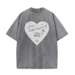 Loose Fit Heart Print Short Sleeve T Shirt for Women Vintage Wash Design Casual Style Summer Wea