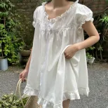 French Style Loose Fit Short Sleeve Dress with Ruffle Trim Elegant Versatile Summer Fashion Whol