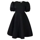 A Line Dress Round Neck Puff Sleeves Waist Defined Flowy Hem Elegant Evening Wear Wholesale Avai