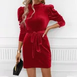 Velvet Bodycon Dress Elegant Tie Waist Long Sleeve Slim Fit Perfect for Parties and Events Whole