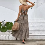 Summer Womens Khaki Geometric Print Maxi Dress Casual Beach Vacation Style factory direct