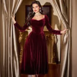 Wine Red Velvet Long Sleeve Square Neck A Line Dress Vintage Style Spring Summer Occasion Wholes