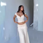 Womens French Style Cropped Tank Top and Ruched Midi Skirt Set Sexy Low Cut Flattering Fit Autum