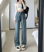 直筒阔腿牛仔裤女2023早春新款学生高腰显瘦宽松小个子直筒长裤潮