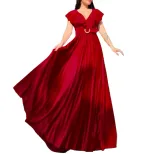 Plus Size Womens V Neck Solid Color Ruffled Hem Long Dress Elegant Pleated Design Perfect for Fo