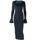 Fashionable Long Sleeve A Line Dress Round Neck Solid Color Midi Length Side Slit Irregular Hem