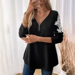 Casual Black T Shirt Embroidered Long Sleeve Drop Shoulder Autumn Wear Wholesale Available
