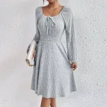 Womens Spring Summer Dress Square Neck Waist Tie Flared Skirt Long Sleeve Striped Fabric Casual