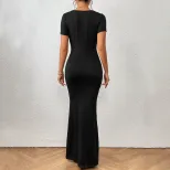 Elegant Square Neck Mermaid Maxi Dress for Women Summer Collection Slim Fit European and America