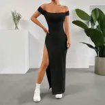 Elegant Black Off Shoulder Midi Dress Sexy Split Design Spring Summer Fashion Wholesale Availabl