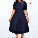 Pleated Midi Dress Round Neck Plus Size Elegant Design Perfect for Casual or Formal Occasions Wh