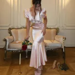Elegant Mermaid Dress V Neck Lace Panel Bodycon Fit French Court Style for Formal Events Wholesa