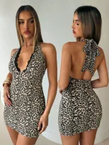 Leopard Print Backless Tie Back Dress Summer Fashion V Neck Slim Fit Perfect for Parties and Nig
