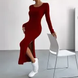 Chic Midi Bodycon Dress Slim Fit Side Slit Comfortable Fabric Spring Summer Casual Wear for Peti