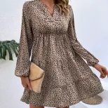 Short Ruffled Leopard Print Dress Long Sleeve Elegant Design Spring Fall Fashion Wholesale Avail