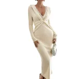 Lace Deep V Cross Body Fitted Knit Dress Long Sleeve Midi Length Bodycon Style Elegant for Dates
