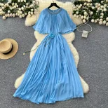 Chic Womens Pleated Chiffon Dress with Rhinestone Detail and Waist Tie Round Neck Short Sleeve Available in Multiple Colors