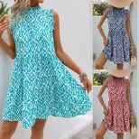 Elegant Abstract Print Sleeveless Midi Dress Summer Collection High Neck European Style Wholesal