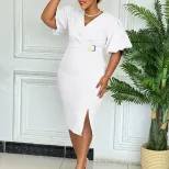Fashionable V Neck Puff Sleeve Bodycon Dress Solid Color Waist Defined Side Slit Perfect for Par