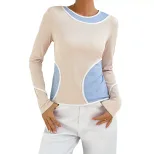 Womens Color Block Long Sleeve Knit Top Slim Fit Stretch Fabric Versatile Style Perfect for Casu