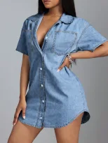 Loose Fit Denim Shirt Short Sleeve Lapel Collar Casual Style Perfect for Summer Wear Ready to Sh