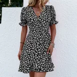 Floral Ruffle Hem Dress for Women Vintage Style Summer Casual Wear Available in Black Wholesale with Low MOQ