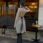 Summer Satin Off Shoulder Dress Sexy Backless Loose Fit Deep V Neck Elegant Evening Wear Wholesa