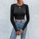 Womens Color Block Long Sleeve T Shirt Round Neck Slim Fit Casual Style Perfect for Everyday Wea