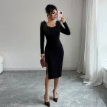 Black Plush Collar Long Dress for Women Slim Fit Side Split Elegant Style Perfect for Spring Sum