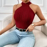 Fashionable Sleeveless Ribbed T Shirt Backless Halter Neck Bodycon Fit Summer Casual Wear Wholes