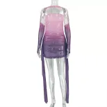 Gradient Color Bodycon Dress Off Shoulder Long Sleeve Short Length Chic Style for Parties and Ev