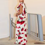Elegant Floral Print Backless Long Dress Wrinkled Design Slim Fit Mid Waist Perfect for Parties