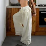 High Waisted Wide Leg Pants Vintage American Style Ruffled Hem Loose Fit Spring Fashion for Wome