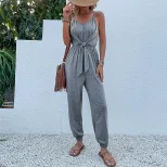 Summer Gray Jumpsuit Stylish Solid Color Sleeveless Design Comfortable Fabric Perfect for Casual Outings Wholesa