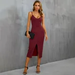 Sexy V Neck Bodycon Midi Dress with Side Slit Slim Fit Sleeveless Ideal for Parties and Vacation