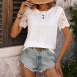 Lace Short Sleeve T Shirt Simple Design Hollow Out White Color Summer Vacation Wear Wholesale Av
