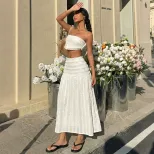Casual Maxi Skirt Elastic Waist Solid Color Textured Fabric Vacation Wear for Women Wholesale Av