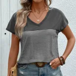 Casual Striped T Shirt V Neck Short Sleeve Summer Style Womens Fashion Top Wholesale Available