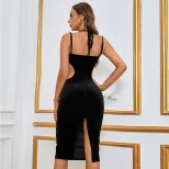 Velvet Bodycon Dress Hollow Out Waist Side Slit Adjustable Straps French Style Mid Length Wholes