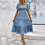 Summer Casual Midi Dress Off Shoulder Ruffle Sleeves Solid Color Vacation Wear Wholesale Availab