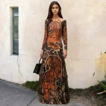 Womens Spring Fashion Unique Street Style Printed Mesh Half Turtleneck High Slit Long Top Wholes