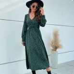Long Sleeve Leopard Print Maxi Dress Green Color Trendy Design Autumn Fashion Wholesale Availabl