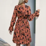 Vintage Floral Print Pleated Dress Long Sleeve Autumn Style Elegant Design Perfect for Dates Who