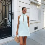 Sleeveless Halter Neck A Line Dress Hollow Out Design Minimalist Style Solid Color Perfect for S