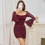 Lace Long Sleeve Dress Elegant French Style Square Neck Flared Sleeves Bodycon Fit Perfect for A