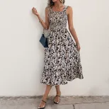 Abstract Print Ruffled Maxi Dress Sleeveless Beach Vacation Style Lightweight Fabric Wholesale A