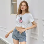 Loose Fit Cartoon Print T Shirt Round Neck Cute Design Casual Style Perfect for Girls Wholesale