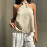 Summer Womens Halter Neck Tank Top French Vintage Style Loose Fit Backless Design Casual Wear Wh
