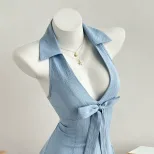 Summer Womens Short Dress V Neck Bow Tie Waist Defined Casual Wear for Parties or Outings Ready